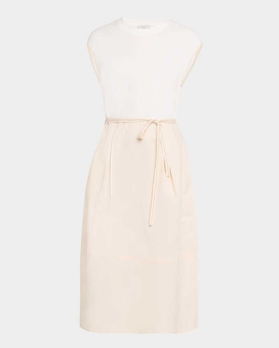 Pleated Colorblock Mixed Media Midi Dress